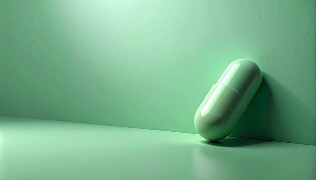 セージグリーンにマットな3Dクレイカプセルが並ぶ縦長素材。ヘルスケア・サプリメント向け無地キャンバス
