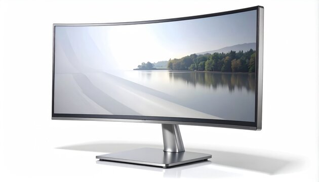 Sleek, curved monitor displaying a serene lake and tree-lined horizon
