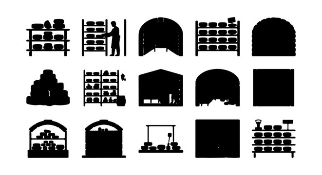 Warehouse Storage Icons, Industrial Shelving Silhouettes, Logistics and Distribution Vector Graphics