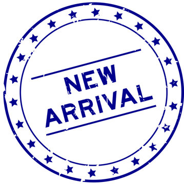 Grunge blue new arrival word round rubber seal stamp on white background