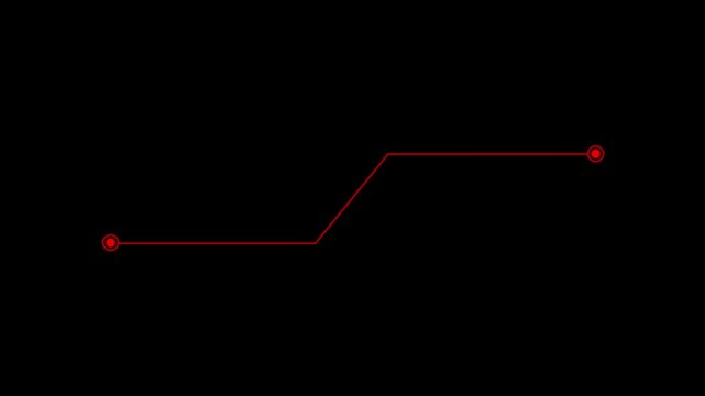 Red line with circular endpoints on a stark black background representing a simple path or connection with a subtle upward diagonal segment and a clean abstract for technology or data visualization