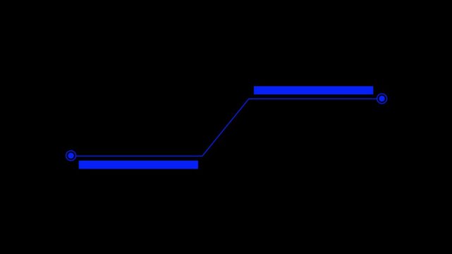 Blue bar and blue line with circular endpoints on a black background representing a simple path or connection with a subtle upward diagonal segment and a clean abstract for technology or data.4k