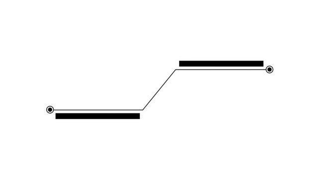Black bar and white line with circular endpoints on a white background representing a simple path or connection with a subtle upward diagonal segment and a clean abstract for technology or data