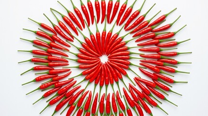 Obraz premium Red Chili Peppers Arranged in Circular Radial Pattern on White Background