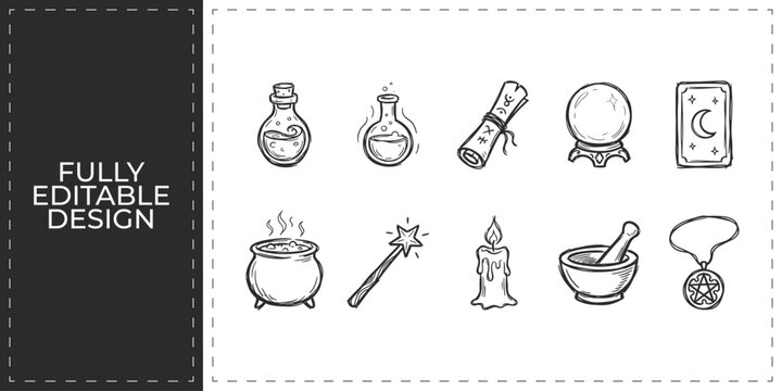 Mystical magic and occult alchemy hand drawn doodle icons set featuring potion crystal ball and wand for spiritual mystery and gothic themed branding design graphics