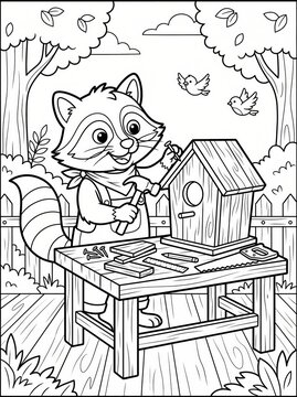 Coloring page, clever raccoon building a wooden birdhouse.