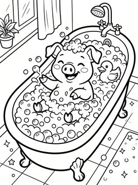 Coloring page, happy pig taking a bubble bath.