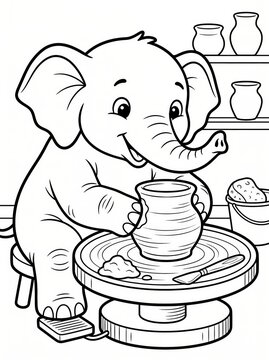 Coloring page, cute elephant sculpting a clay pot.