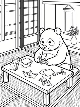 Coloring page, peaceful panda folding paper origami.