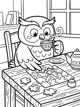 Coloring page, cute owl assembling a jigsaw puzzle.