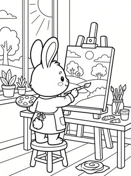 Coloring page, cute bunny painting on a canvas.