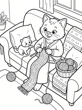 Coloring page, cute cat knitting a scarf on a sofa.