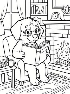 Coloring page, cute dog reading a book by the fireplace.