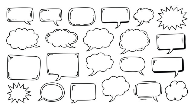 Variety of hand drawn doodle style speech bubbles and thought clouds