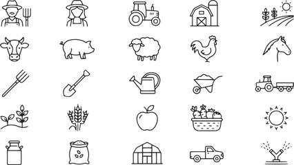 Agriculture and farming icons collection featuring farmers tractor barn animals tools vegetables fruits and landscape outline illustrations. © RiponTalukdar