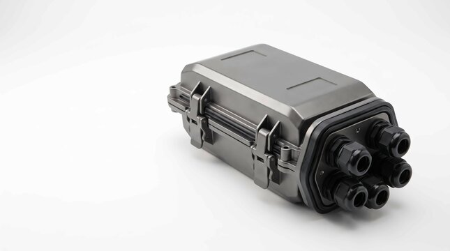 Durable grey industrial waterproof electrical junction box with multiple cable glands on a white studio background