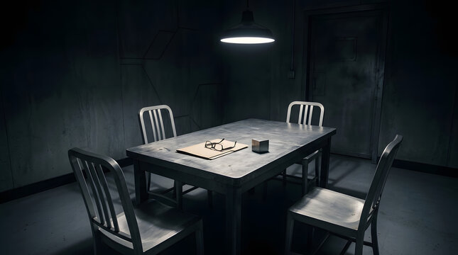 Interrogation Room With Table, Four Chairs, Glasses and Folder