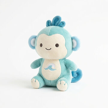 Cute blue plush monkey toy sitting isolated on white. Soft stuffed animal mascot for children's gifts and nursery decor.