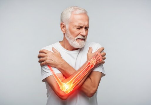 Elderly man holding painful arm elbow isolated on white background