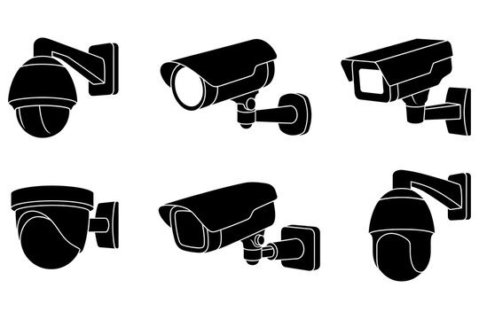 Various security cameras mounted on different types of wall brackets