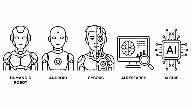 Line art illustration of human robot android cyborg AI chip.