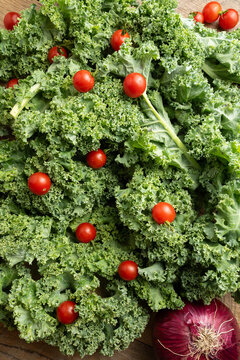 Fresh green kale, (Brassica oleracea), vine ripened, red cherry tomatoes and a whole purple onion spread out on a wooden table. Vertical.