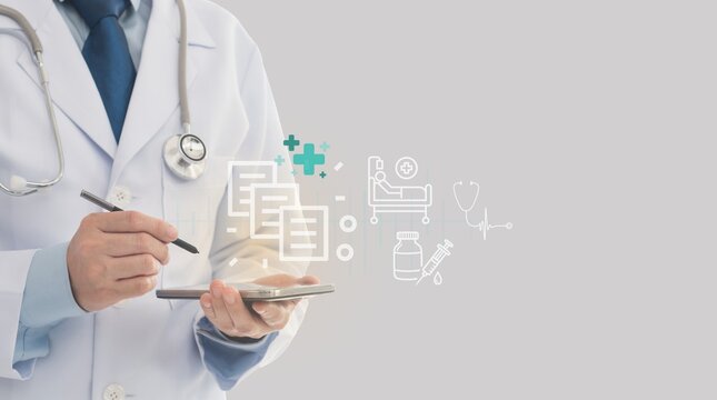 Professional doctor utilizing digital healthcare technology for patient records and telemedicine management