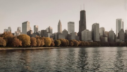 Fototapeta premium Chicago Skyline Reflected in Lake Michigan During Autumn.