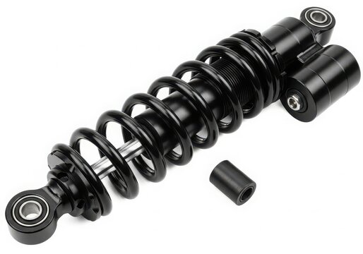Black motorcycle rear suspension shock isolated on white background