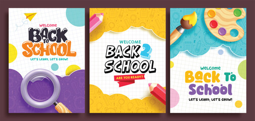 Welcome back to school clipart poster set design. Back to school greeting with school supplies elements on school doodle pattern background. Vector illustration. © Grafiqwrk 2.0