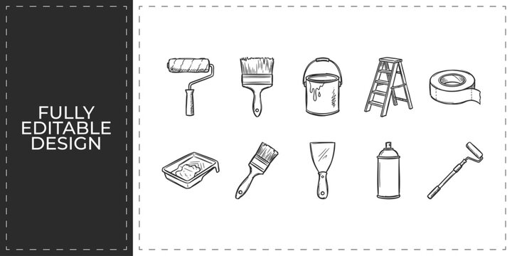 Professional home painting and repair hand drawn doodle icons set featuring paint roller and ladder for handyman and renovation service branding design graphics set