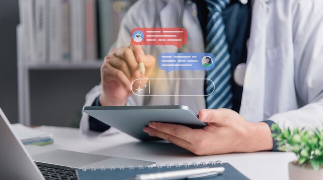 Doctor using tablet for online consultation with patient through messaging app, healthcare technology concept