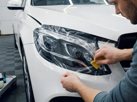 Auto Detailer Installing Paint Protection Film on Car Headlight | Close Up of Squeegee Applying Clear PPF Wrap on Luxury Vehicle Headlamp | Professional Application of Transparent Protection Film
