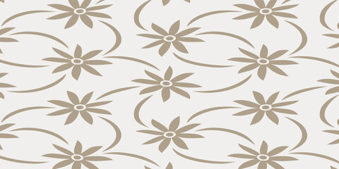 Elegant seamless floral pattern with stylized beige flowers and graceful swirling lines. © AsyfaNur