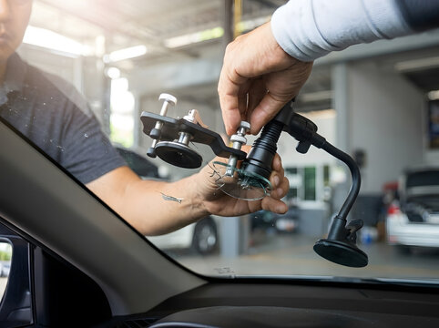 Professional Windshield Crack Repair Using Specialized Suction Tool | Auto Glass Technician Fixing Chipped Front Windshield with Resin Kit | Restoring Cracked Car Windshield Using Suction Cup Bridge 