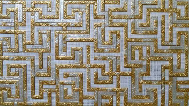 Intricate geometric maze pattern in raised gold metallic texture with silver accents on white linen, extreme detail abstract design