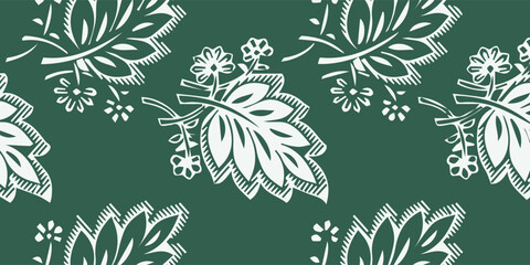 Seamless Pattern with White Leaves and Small Flowers on a Green Background. © AsyfaNur