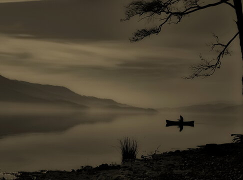 Canoeist navigates lonely waters of Coniston in the English Lake District during early morning hours