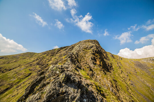 View towards Sharp Edge from Blencathra in the English Lake District with clear skies above