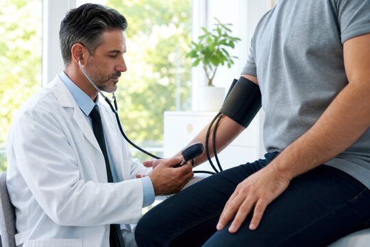 Professional doctor measuring blood pressure of calm patient in bright modern clinic with digital sphygmomanometer and stethoscope