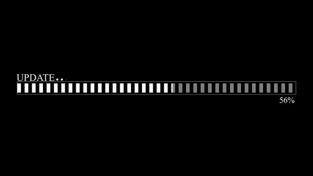 Digital update progress bar animation with percentage counter on black background, loading installation