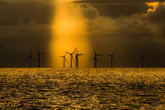 Late afternoon light illuminates wind turbines over the Irish Sea from Walney Island on a cloudy day in November 2022