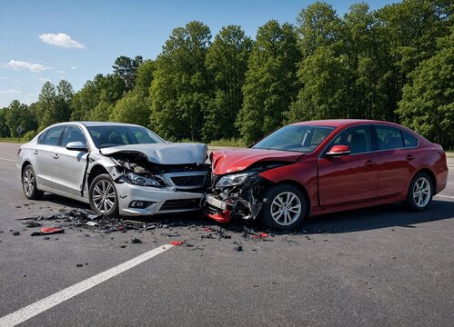 Two cars severely damaged in a headon collision accident  cars badly crushed and smashed