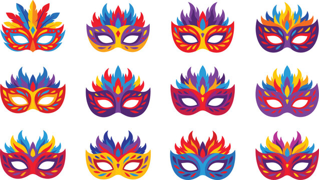 Vibrant Carnival Mask Set with Flame Pattern &ndash; Mardi Gras Masquerade Party Masks Collection