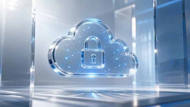 3D cloud computing security concept with digital padlock. Cyber data protection shield icon on futuristic server network background.