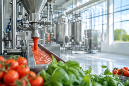 Modern stainless steel tomato processing machinery filling sauce into containers in high-tech food production facility with vibrant red liquid flow