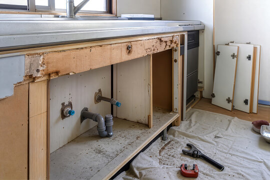 Kitchen renovation in progress with old counter removed exposing water supply and drain pipes