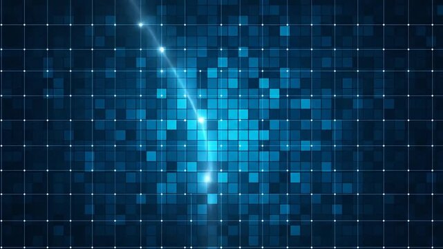 Blue digital grid background with a glowing diagonal light beam moving across data network squares and dots.