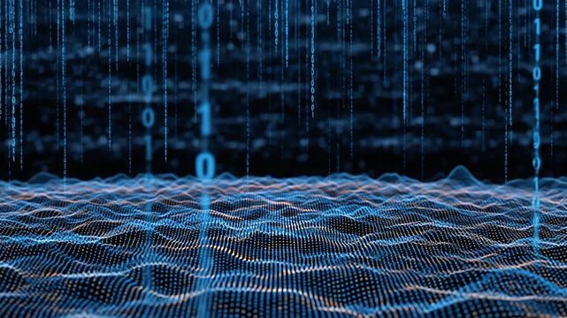 Digital binary code falling over abstract blue data wave background