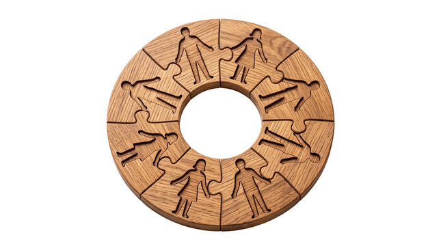 A teamwork symbol created from interlocking wooden puzzle pieces forming a circle with human silhouettes, realistic wood grain, isolated on transparent background